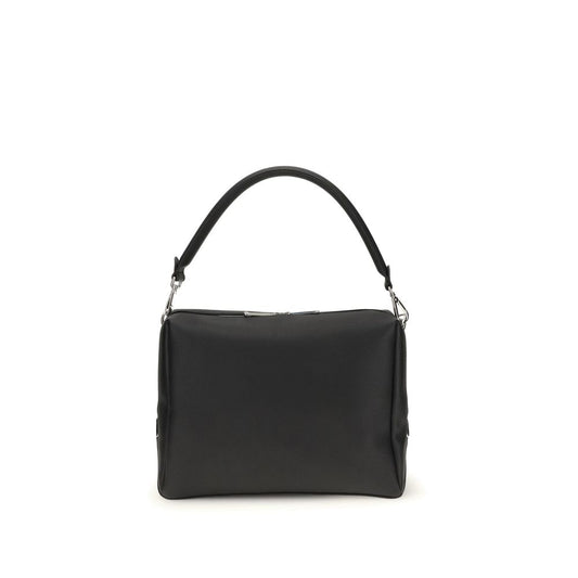 Fendi Black Calf Leather Bos Taurus Shoulder Bag with FF metal accents and spacious interior, featuring palladium-finish hardware.