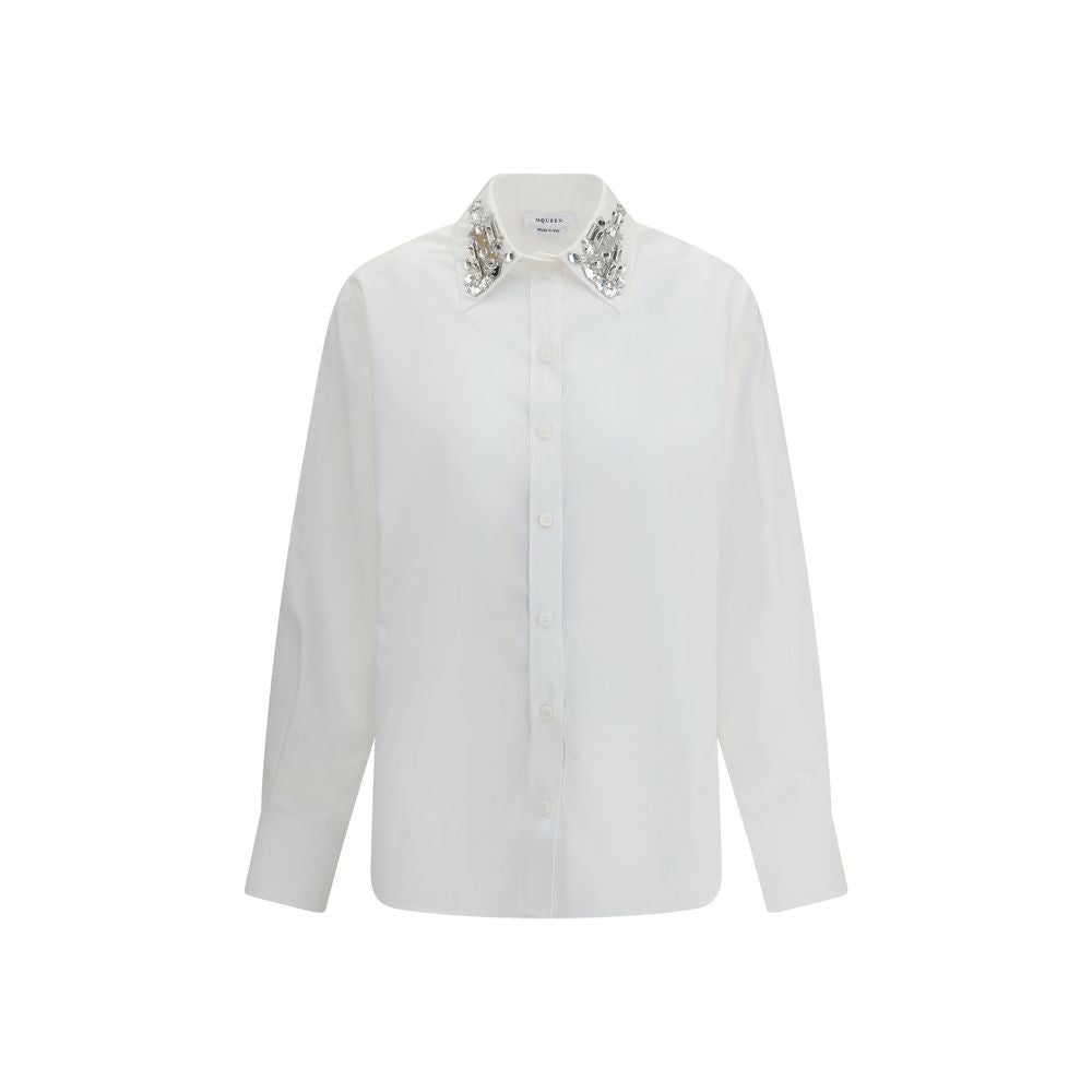 Alexander McQueen White Cotton Dress Shirt with embellished collar, perfect for formal and contemporary styles, made from 100% cotton.