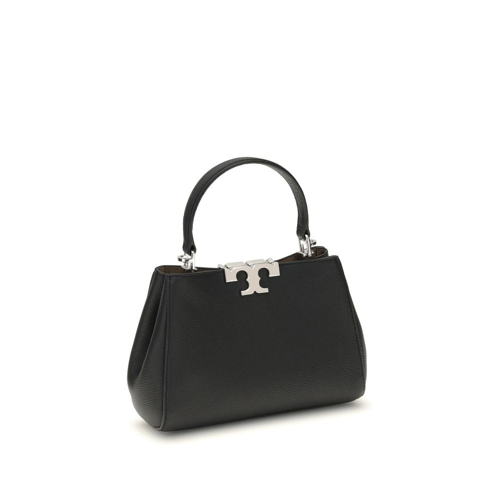 Tory Burch Black Calf Leather Bos Taurus Handbag with top handle and silver hardware.