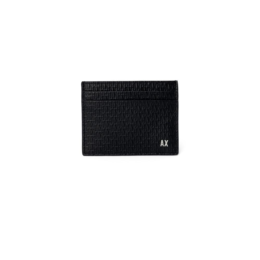 Armani Exchange Black Leather Wallet with AX logo, featuring a refined texture and compact design for elegance and functionality.