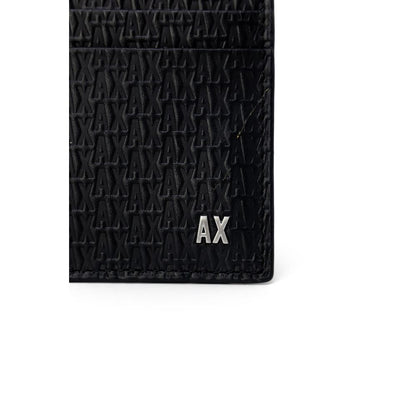 Close-up of Armani Exchange Black Leather Wallet with embossed AX logo highlighting texture and design.