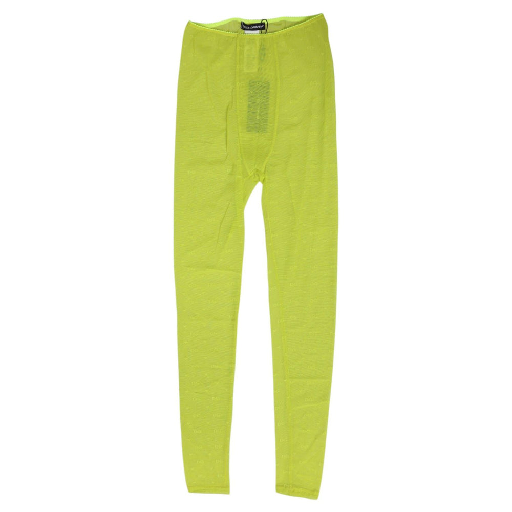 Dolce & Gabbana Neon Green Nylon Logo Lace Leggings Pants Underwear showcasing stylish design and luxurious fabric, perfect for fashion enthusiasts.