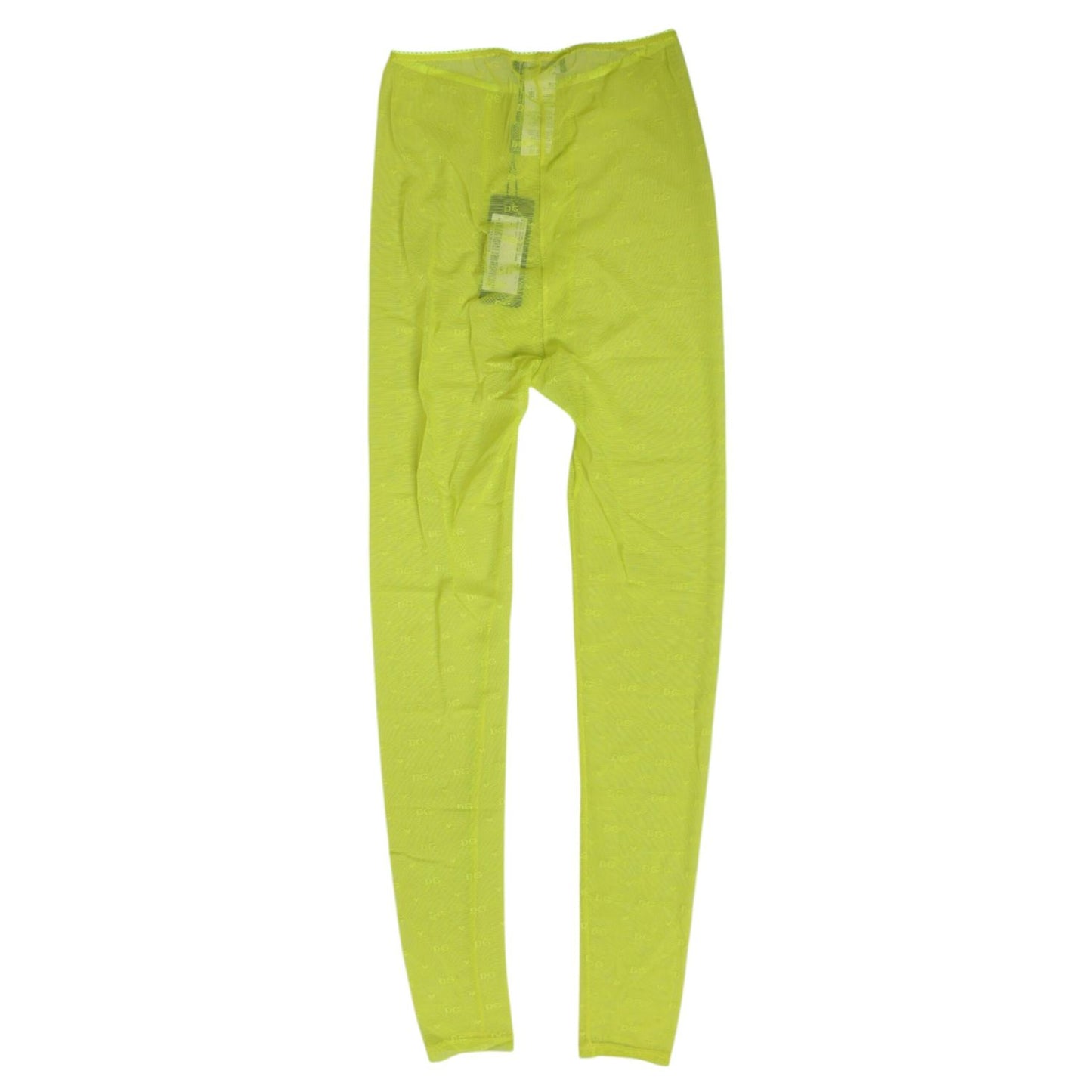 Dolce & Gabbana Neon Green Nylon Logo Lace Leggings Pants Underwear displayed on a white background