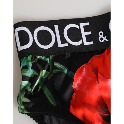 Dolce & Gabbana Black Floral Silk High Waist Panty Underwear