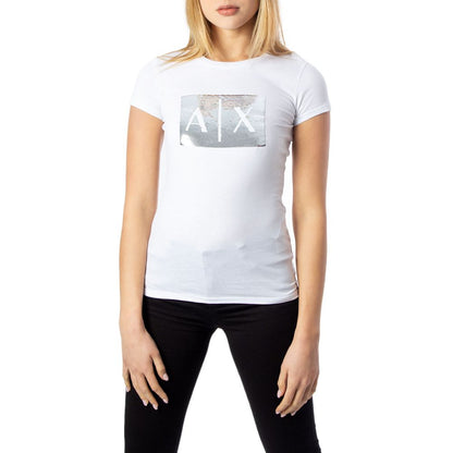Armani Exchange White Cotton T-Shirt with sequin AX logo on woman, showcasing a contemporary style and feminine cut.