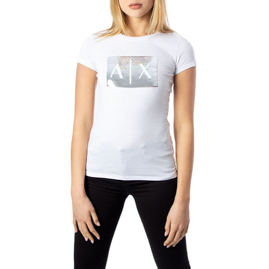 Armani Exchange White Cotton T-Shirt with sequin AX logo on woman, showcasing a contemporary style and feminine cut.