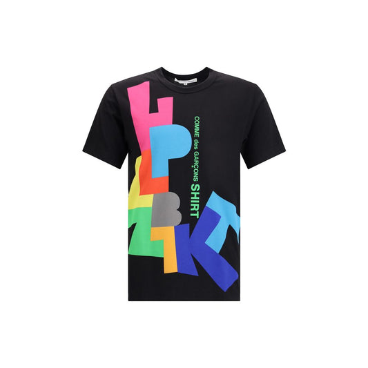 Comme Des Garçons Black Cotton T-Shirt with colorful graphic design, short sleeves, and round neckline, made from 100% cotton.