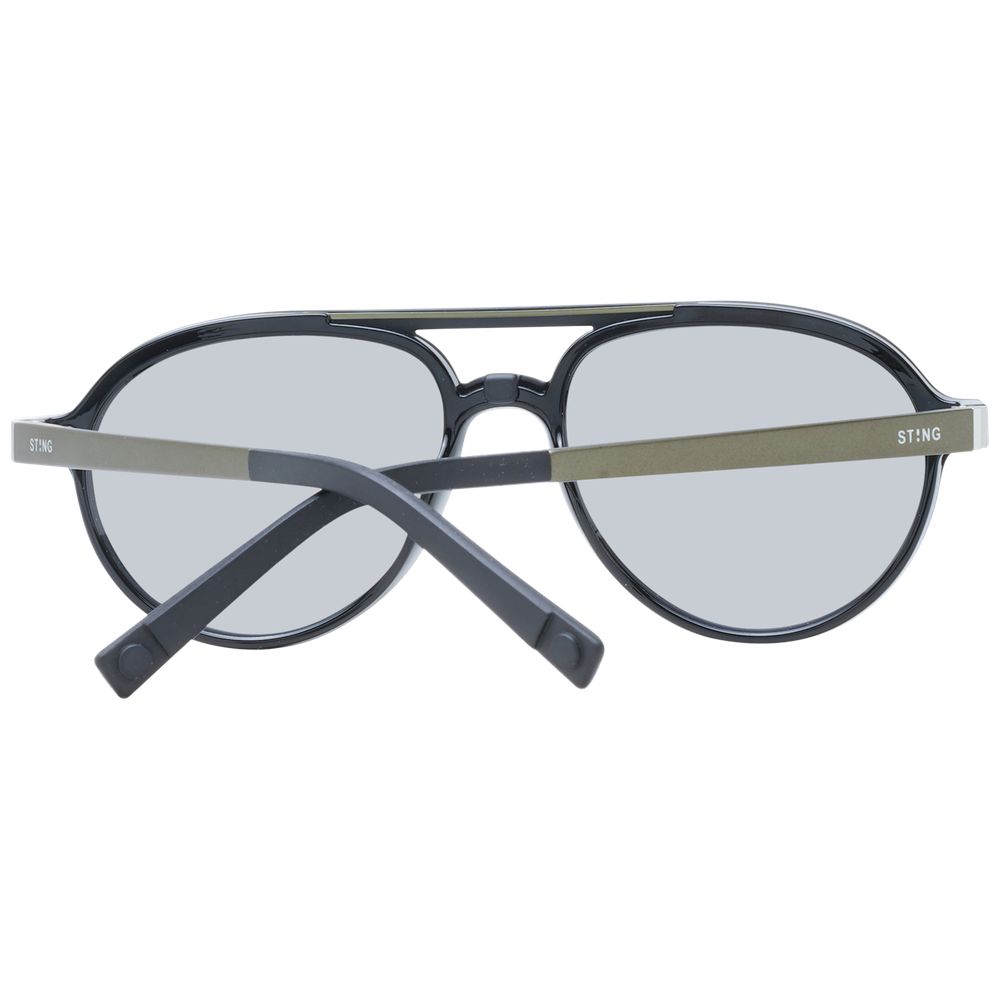 Sting Black Men Glasses Frame with full-rim black plastic aviator design, polarized lenses, UVA & UVB protection, includes branded case.
