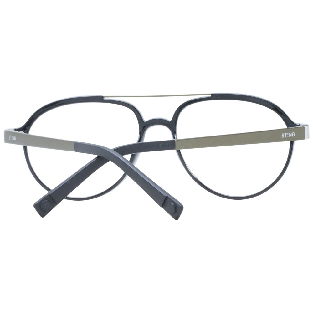 Sting Black Men Glasses Frame in full-rim aviator style, black plastic frame and lenses, polarized lens, 54-16-140 size, UV protection.