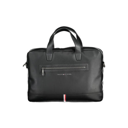 Tommy Hilfiger Black Polyethylene Handbag with handles, shoulder strap, laptop and document compartments, and zip closure.