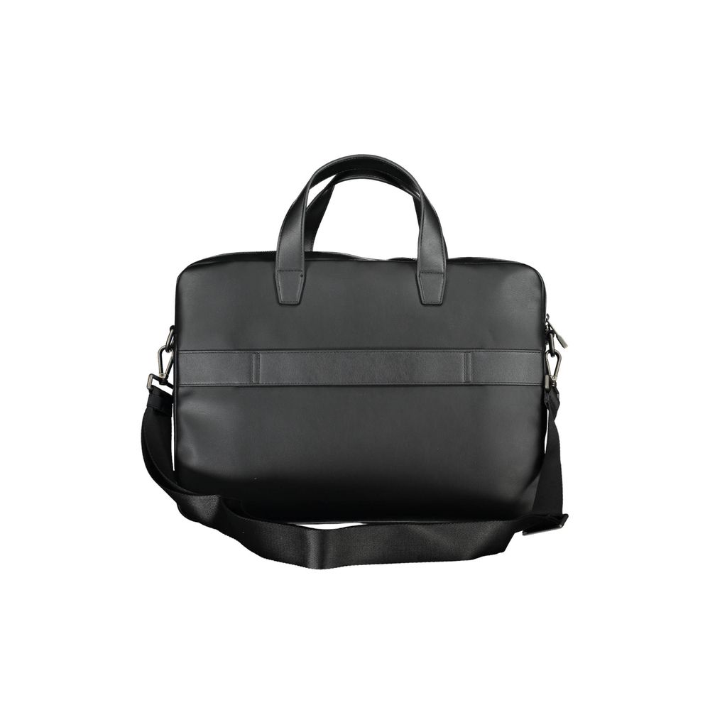 Tommy Hilfiger Black Polyethylene Handbag with two handles and adjustable strap, featuring laptop and document compartments.