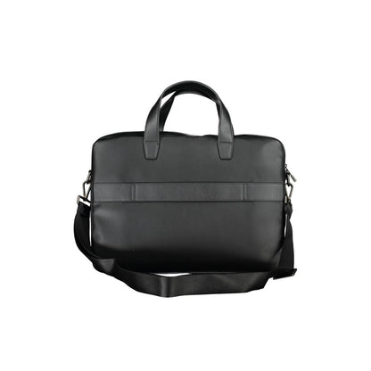Tommy Hilfiger Black Polyethylene Handbag with two handles and adjustable strap, featuring laptop and document compartments.