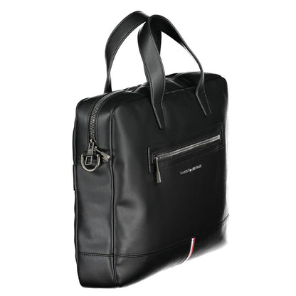 Tommy Hilfiger Black Polyethylene Handbag with briefcase design, adjustable shoulder strap, external pocket, and laptop compartment.