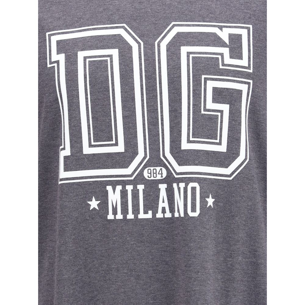 Dolce & Gabbana Gray Cotton T-Shirt featuring Milano logo print on front, ribbed crew neck, 100% cotton, casual regular fit for AW25 season.