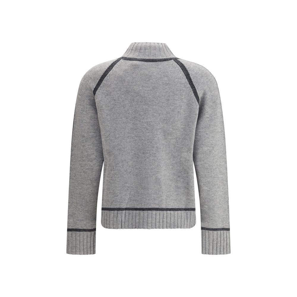 Back view of Max Mara Gray Wool Sweatshirt with turtleneck and raglan sleeves, showcasing ribbed edges for a refined look.
