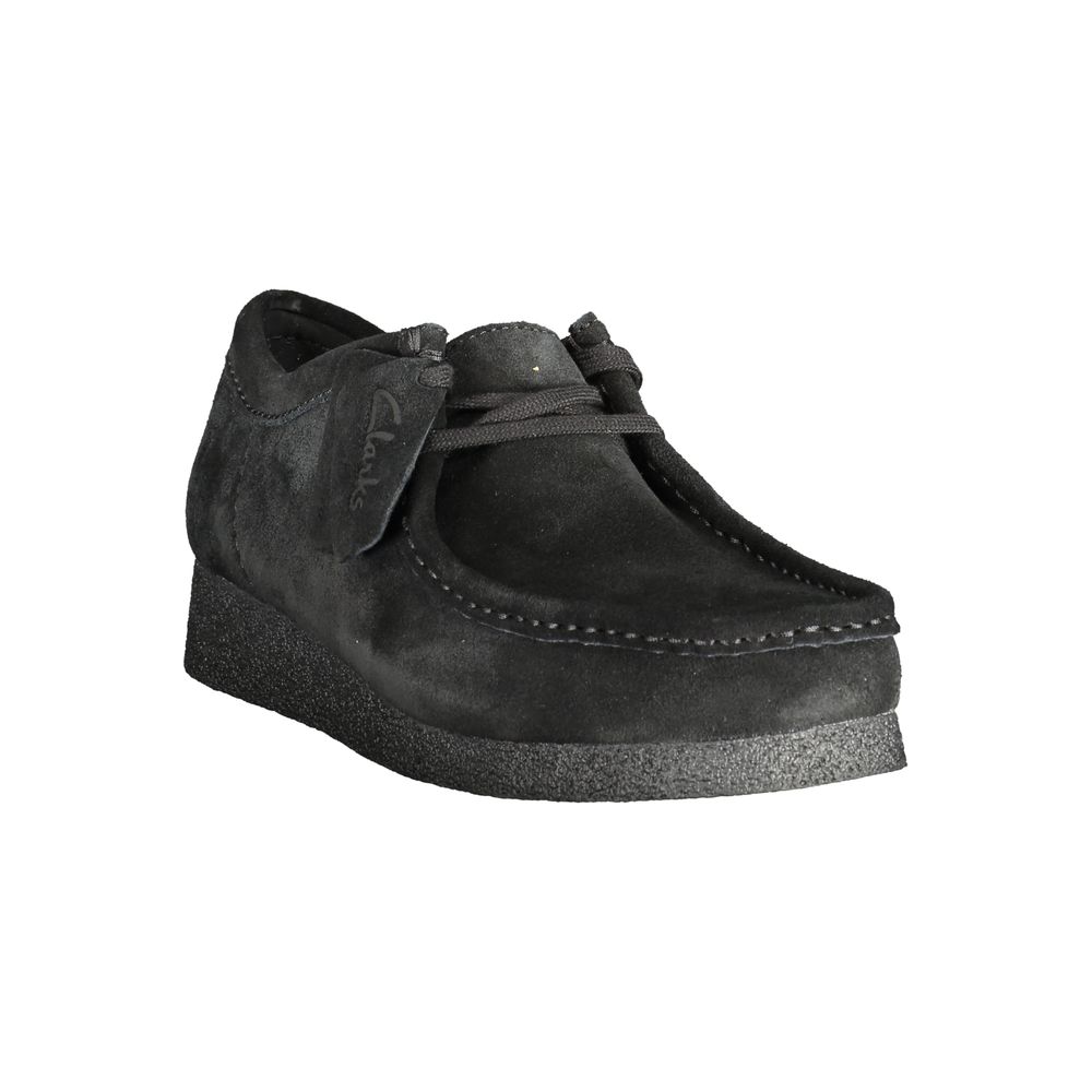 Clarks Black Leather Men Sneaker with suede finish and removable footbed for style and comfort.