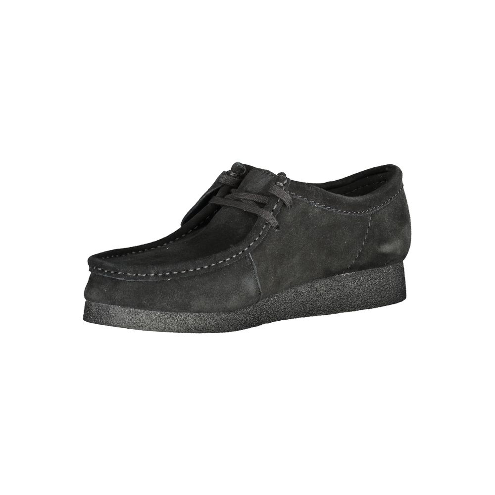 Clarks Black Leather Men Sneaker with suede finish, iconic logo, and removable footbed for style and comfort.