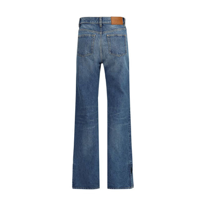 Back view of Chloé Blue Cotton Straight-Leg Jeans with leather patch and slit hem.