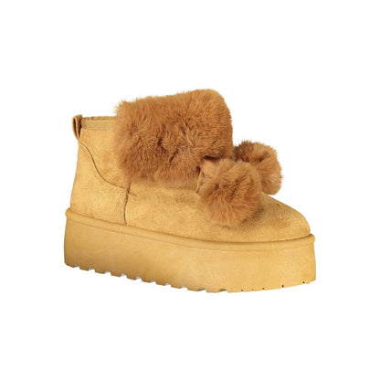 Laura Biagiotti Brown Polyester Women Boot with fur collar and pom poms, 4 cm wedge, cozy chic design for everyday wear and special occasions.