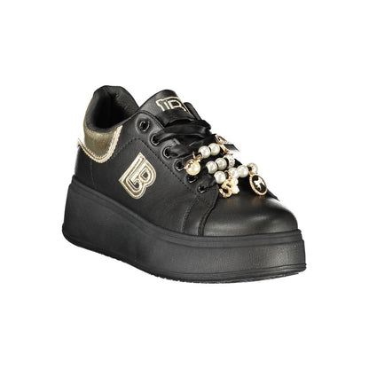 Laura Biagiotti Black Polyester Women Sneaker with platform and appliqué, perfect for fashion-forward look and urban style.