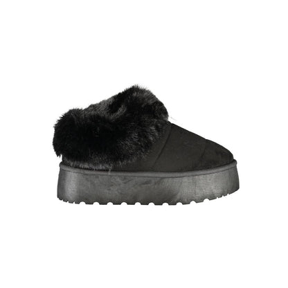 Laura Biagiotti Black Polyester Women Sneaker with fur detail and wedge heel, showcasing luxury and sporty-chic style.