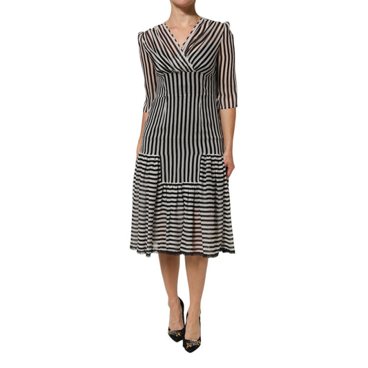 Dolce & Gabbana Black White Stripes Silk V-neck Midi Dress