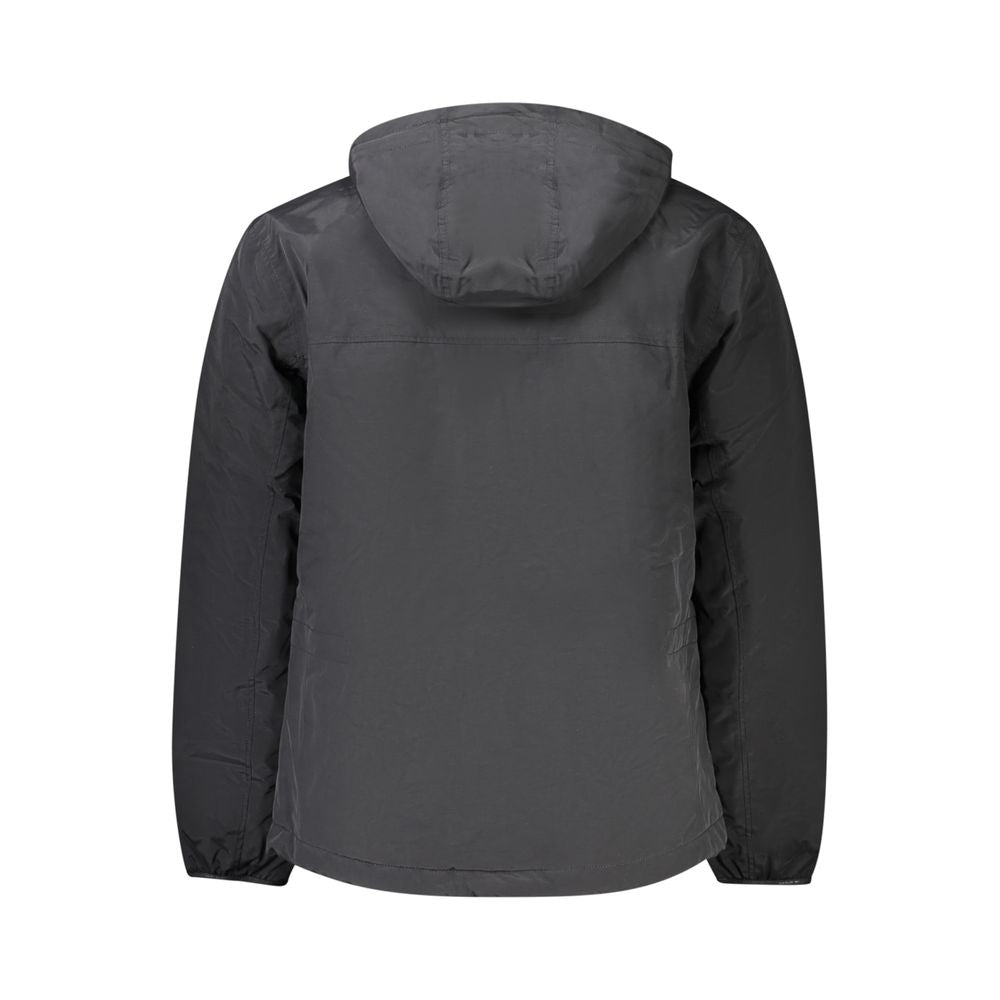 Napapijri Black Polyamide Men Jacket with hood, showcasing back view and sleek design for stylish adventure.