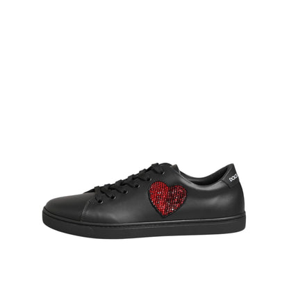 Dolce & Gabbana Black Leather Crystal Heart Sneakers Shoes