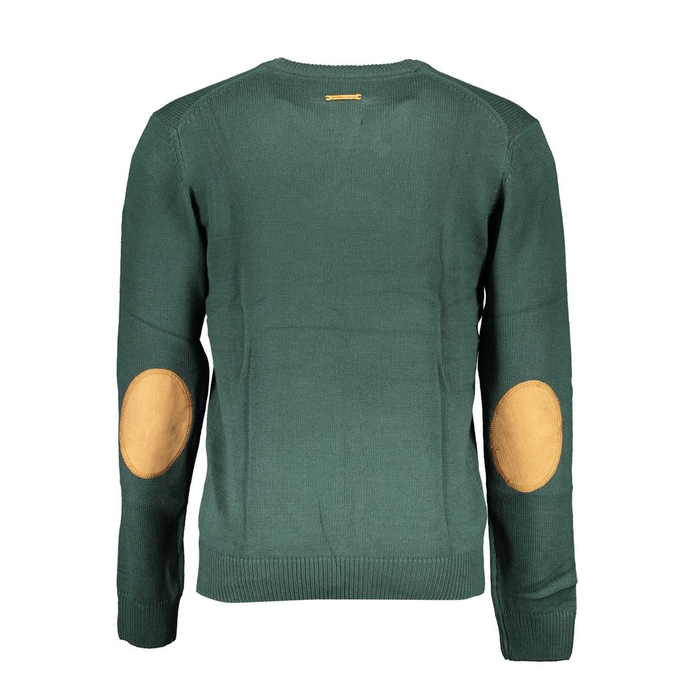 Gianmarco Venturi Green Cotton Sweater, long-sleeved, crew-neck with elbow patches and logo embroidery.