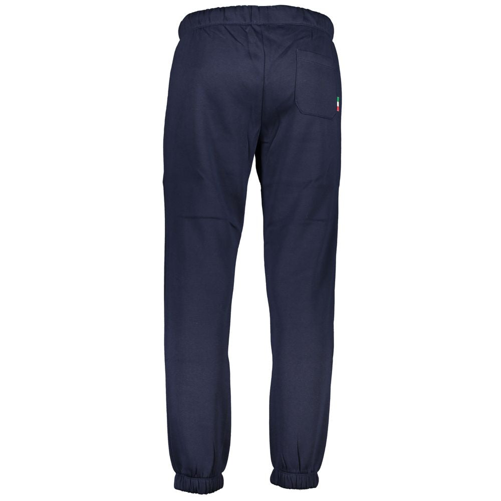 Gianmarco Venturi Blue Cotton Pant featuring fleece material, elastic waist with laces, three pockets, and ankle elastic.