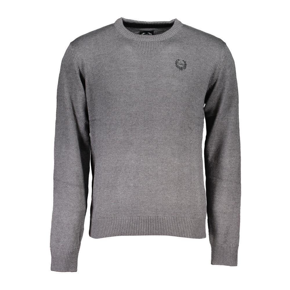 Gianmarco Venturi Gray Cotton Sweater with long sleeves, crew neck, and embroidered logo.