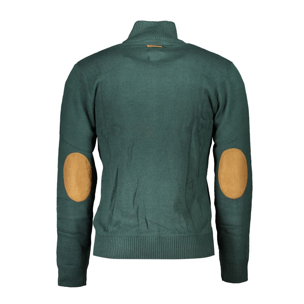 Gianmarco Venturi Green Cotton Sweater with long sleeves, zipper, embroidery, two pockets, and contrast details