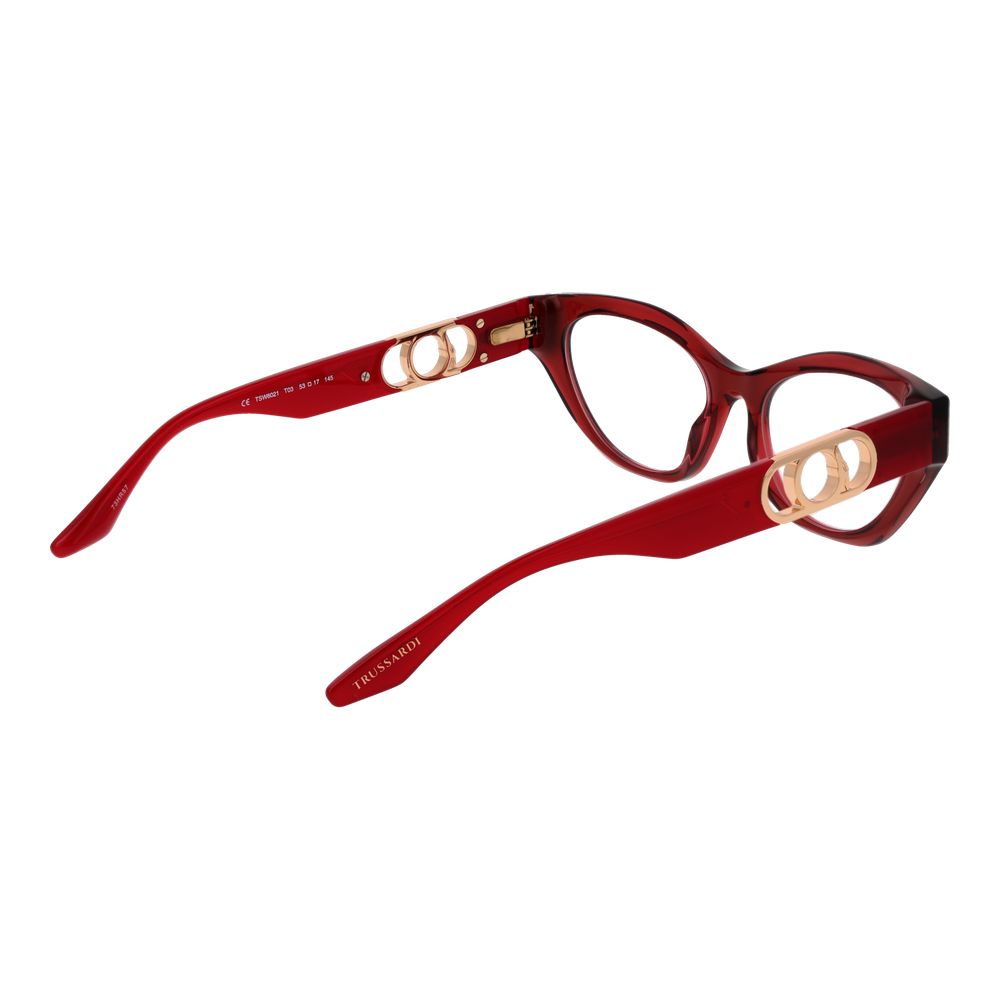 Trussardi Red Acetate Glasses (Frames) for women with full-rim cat eye style and demo lenses, featuring red acetate material and spring hinge.