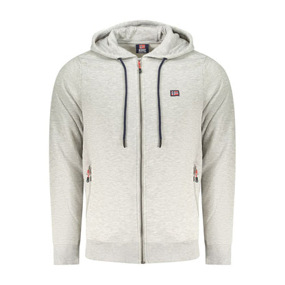 Norway 1963 Gray Cotton Sweatshirt with hoodie, zipper, and pockets, featuring embroidery and logo design.