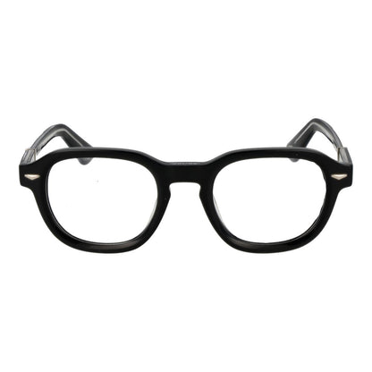 Police Black Cellulose Acetate Glasses (Frames) for men in full-rim panto style with black frame and demo lenses.