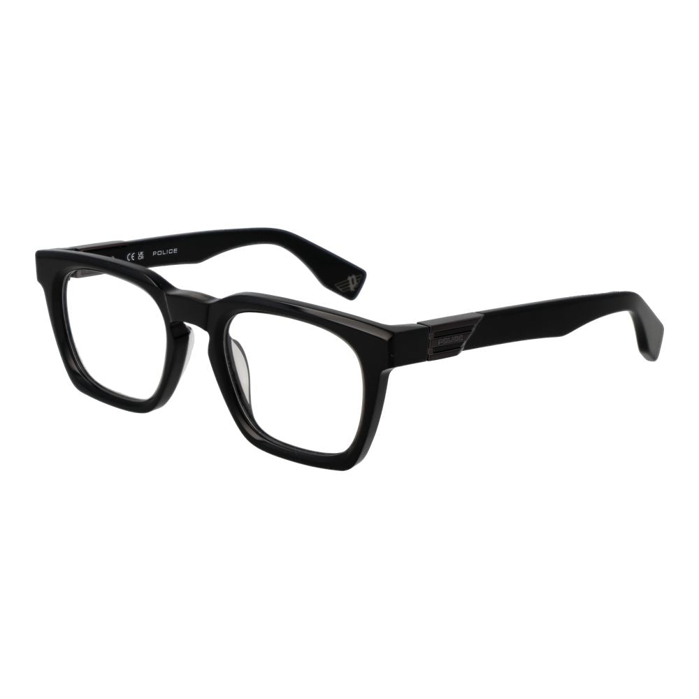Police Black Cellulose Acetate Glasses (Frames), full-rim square style for men, black frame, demo lenses, model size 51-22-145.