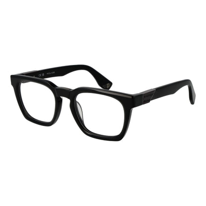Police Black Cellulose Acetate Glasses (Frames), full-rim black rectangle frames with demo lenses.