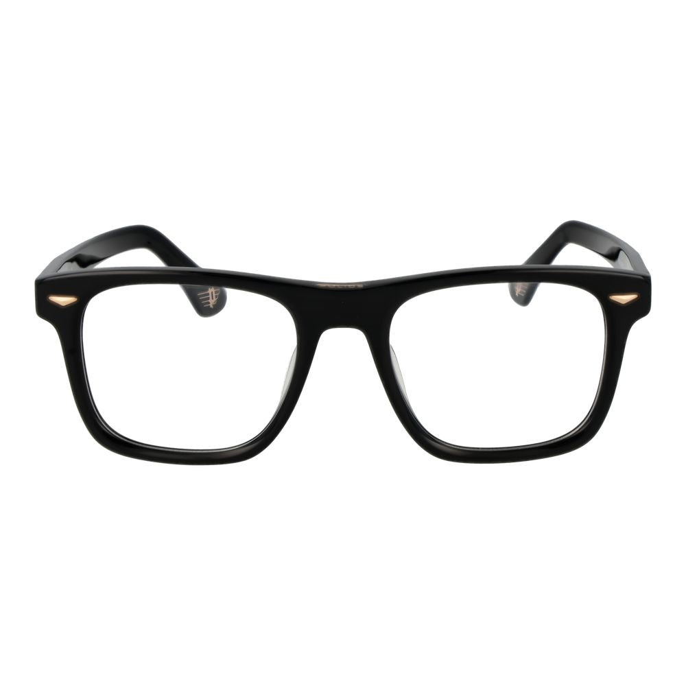 Police Black Cellulose Acetate Glasses (Frames) for men in full-rim black, rectangle style with plastic demo lenses, 52mm lens width.