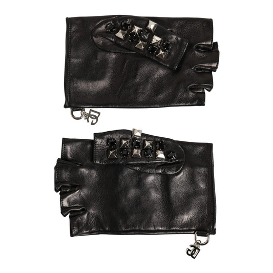 Dolce & Gabbana Black Leather Studded Fingerless Hand Mitten Men Gloves