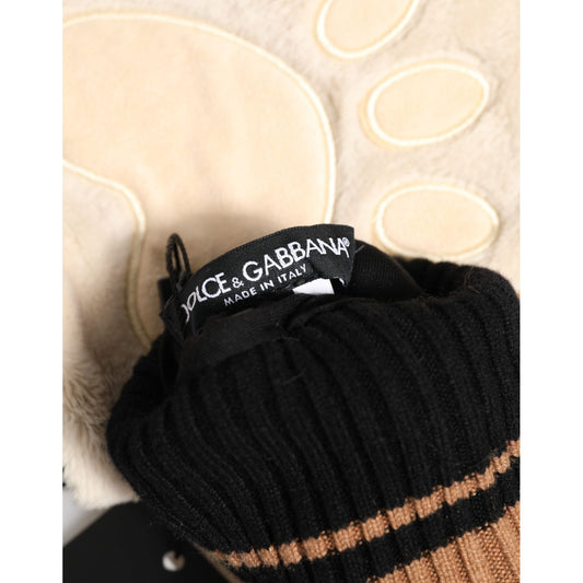 Dolce & Gabbana Brown Tiger Knitted Fur Wrist Mitten One Size Gloves