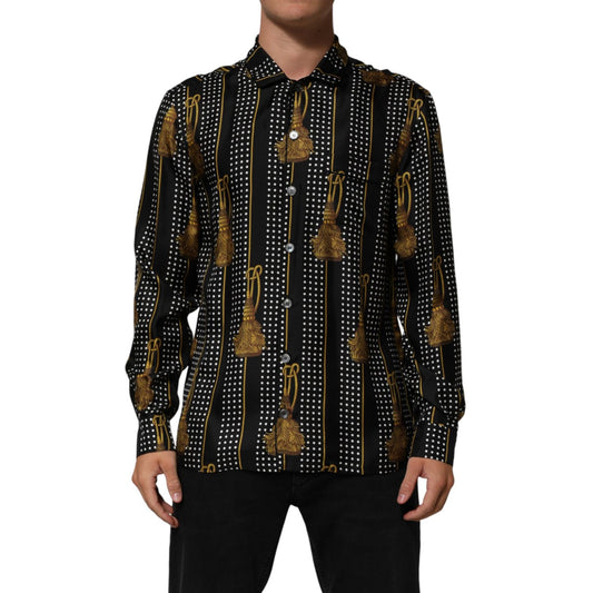 Dolce & Gabbana Black Dotted Tassel Silk Button Down Shirt