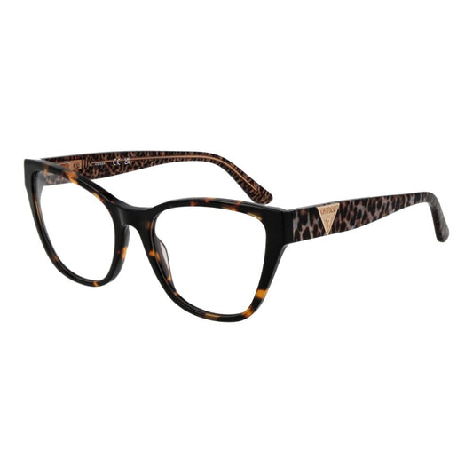 Guess Brown Acetate Glasses (Frames) for women, full-rim cat eye style, brown acetate material, spring hinge, 55 lens width, with branded case.