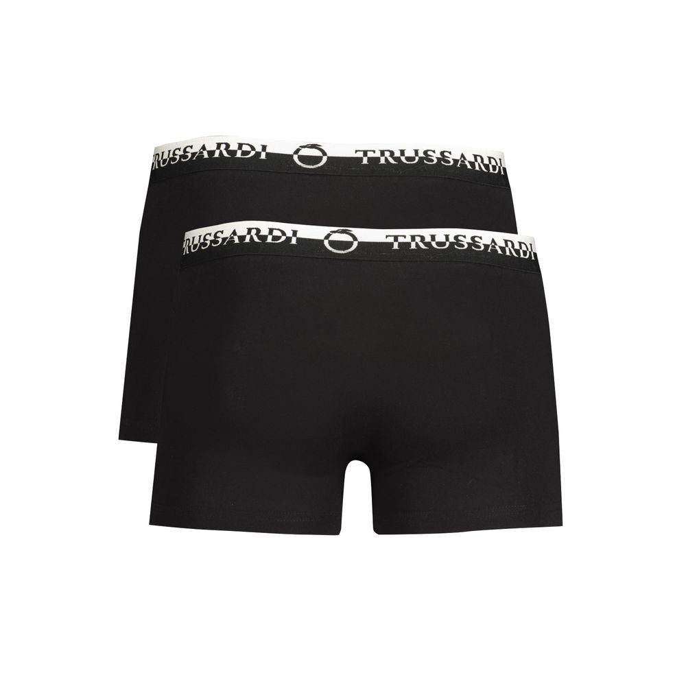 Trussardi Black Cotton Underwear, bi-pack with elastic waist and logo print, featuring double elastic boxer parts.