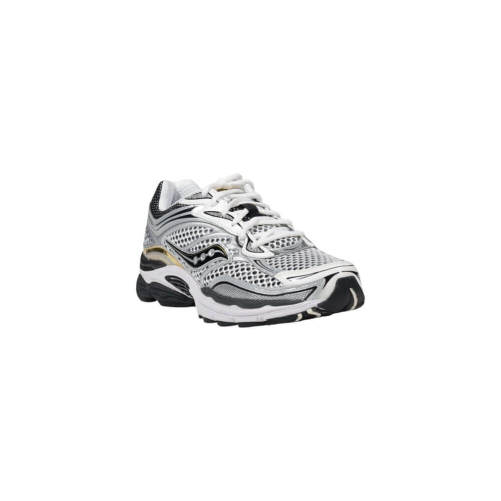 Saucony Gray Mesh Athletic Sneakers, sporty round toe lace-up design for active wear; lightweight and breathable for comfort.