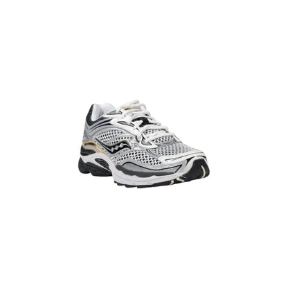 Saucony Gray Mesh Athletic Sneakers, sporty round toe lace-up design for active wear; lightweight and breathable for comfort.