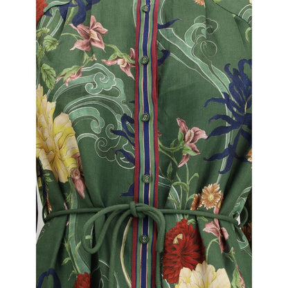 Floral patterned Alemais Green Linen Casual Dress with button closure and drawstring waist detail.
