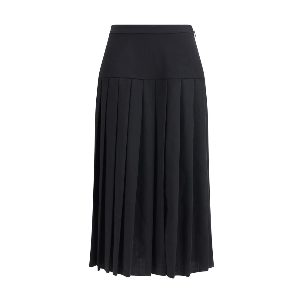 Alessandra Rich Black Fleece Wool Midi Skirt with pleats and side zipper, elegant design for sophisticated autumn winter looks.