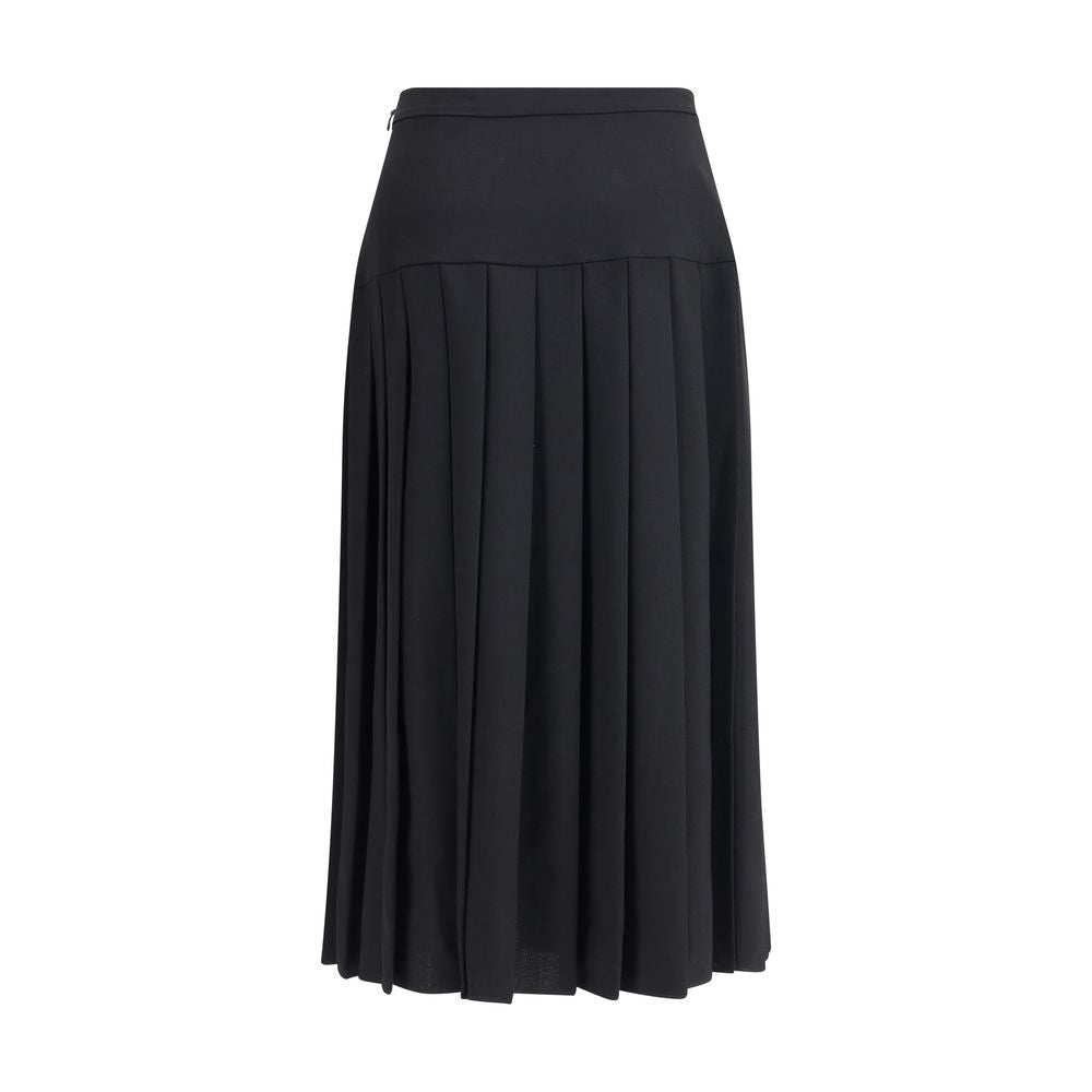 Alessandra Rich Black Fleece Wool Midi Skirt with pleats and side zipper, elegant silhouette for sophisticated looks, AW25 collection.