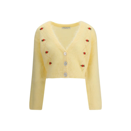 Alessandra Rich Yellow Mohair Cardigan with floral embroidery and V-neckline, button closure, ribbed hem and cuffs, AW25 collection.