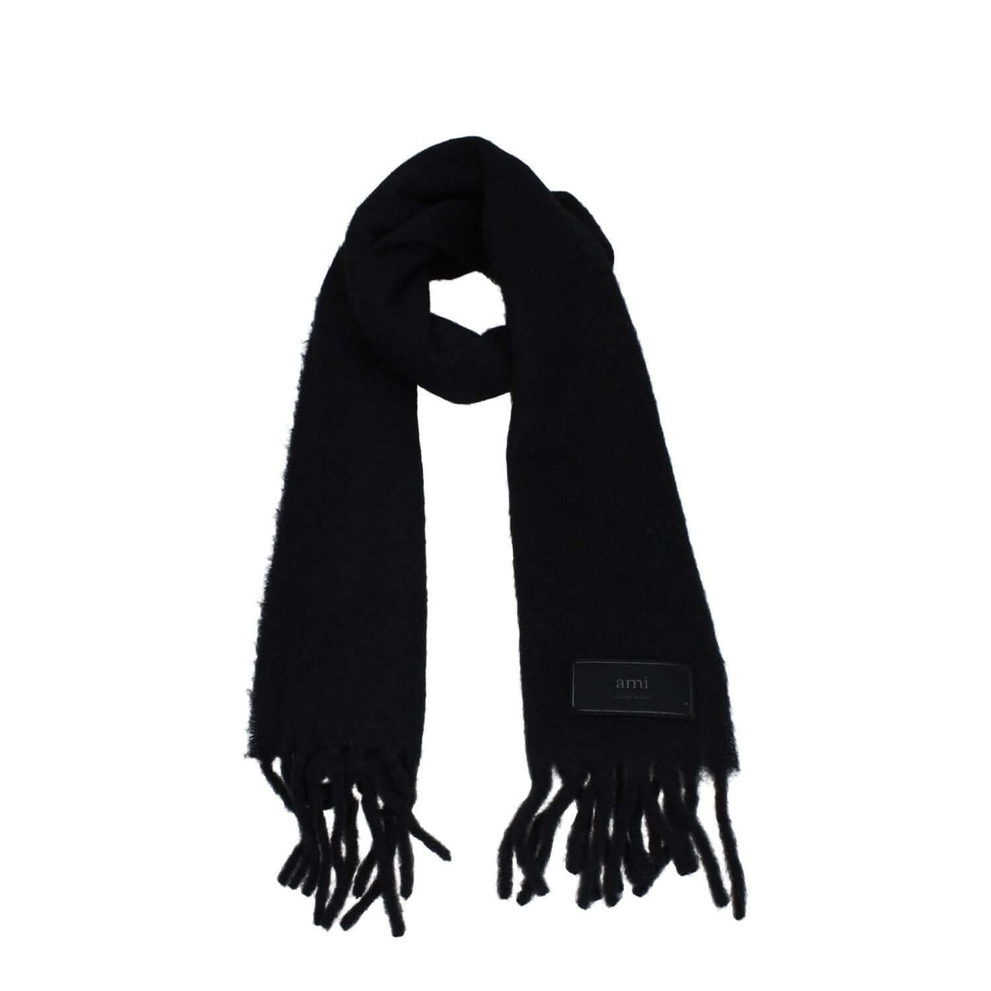 Alt Tag: Ami Paris Black Leather Scarf with fringes and side logo, made of 80% alpaca and 20% polyamide, dimensions 38×200 cm.